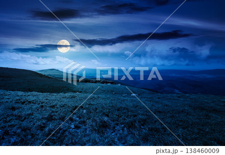 nature scenery with alpine meadow at night. carpathian mountain landscape during summertime. full moon over stunning view of rolling hills. dark sky. mysterious highland background for freedom concept nature scenery with alpine meadow at night. carpathian mountain landscape during summertime. full moon over stunning view of rolling hills. dark sky. mysterious highland background for freedom concept 138460009