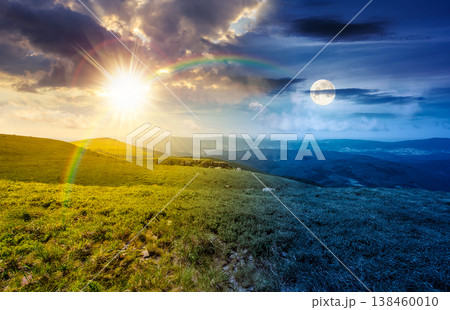 day meet night. nature scenery with alpine meadow. sun and moon over mountain landscape during summertime. stunning view of rolling hills. epic sky. highland background for astrology harmony wallpaper 138460010