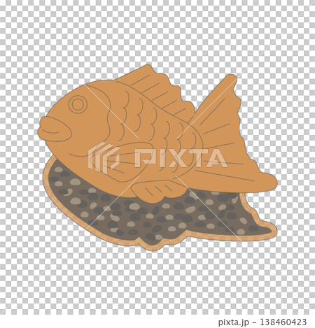 鯛魚燒（魚形蛋糕）切開後露出紅豆餡。可愛、簡潔、透明的日式甜點插圖。 138460423