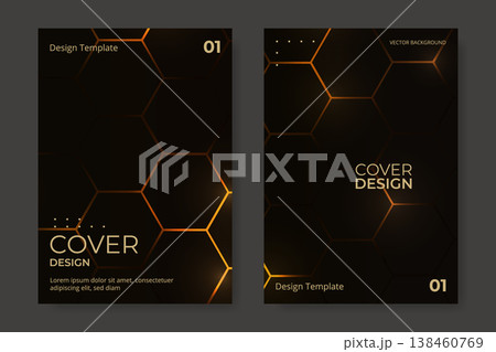 Cover design background vector set. Black and orange hexagonal brochure. Vertical orientation flyer design poster template. Cover design background vector set. Black and orange hexagonal brochure. Vertical orientation flyer design poster template. 138460769