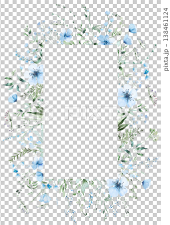 Rectangular floral frame with blue watercolor wildflowers and leaves, wedding illustration Rectangular floral frame with blue watercolor wildflowers and leaves, wedding illustration 138461124