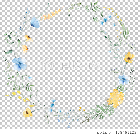 Round floral wreath with yellow and light blue watercolor wildflowers, spring wedding illustration Round floral wreath with yellow and light blue watercolor wildflowers, spring wedding illustration 138461125