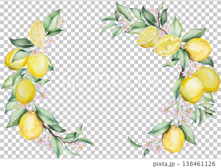 Watercolor oval wreath with yellow lemon fruits and green leaves. Mediterranean wedding stationery 138461126