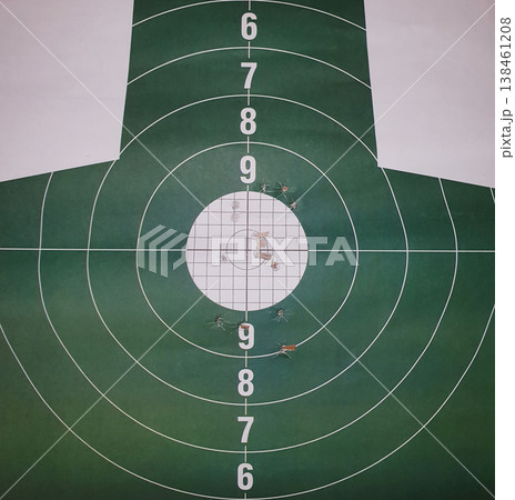 Close-up of a green shooting target with a tight cluster of bullet holes in the white bullseye. Concept of perfect accuracy, professional marksmanship, and reaching the goal. Close-up of a green shooting target with a tight cluster of bullet holes in the white bullseye. Concept of perfect accuracy, professional marksmanship, and reaching the goal. 138461208