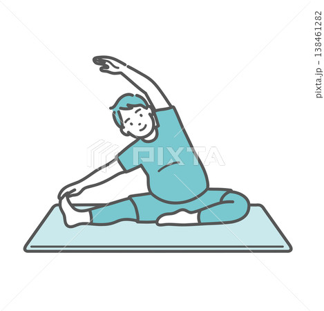 床に座って笑顔で開脚ストレッチをするぽっちゃり体型の男性のイラスト 床に座って笑顔で開脚ストレッチをするぽっちゃり体型の男性のイラスト 138461282