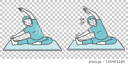 一組插圖,對比了一個面帶微笑的胖男人伸懶腰和一個掙扎的胖男人。 一組插圖,對比了一個面帶微笑的胖男人伸懶腰和一個掙扎的胖男人。 138461284