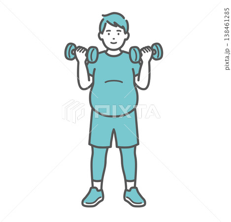 笑顔でダンベルトレーニングをするぽっちゃり男性のイラスト 笑顔でダンベルトレーニングをするぽっちゃり男性のイラスト 138461285