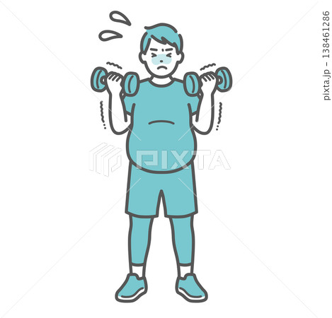 辛そうにダンベルトレーニングをするぽっちゃり男性のイラスト 辛そうにダンベルトレーニングをするぽっちゃり男性のイラスト 138461286