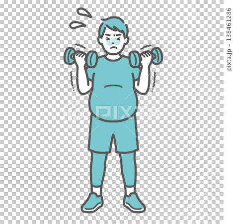 An illustration of a chubby man struggling with dumbbell training. 138461286