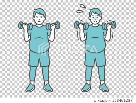 一組插圖，對比了一位面帶微笑的胖男人和另一位神情沮喪的胖男人。 138461287
