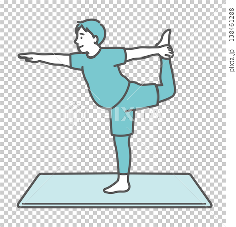 一幅插圖,描繪了一個身材圓潤的男人微笑地做瑜伽(舞者式)。 一幅插圖,描繪了一個身材圓潤的男人微笑地做瑜伽(舞者式)。 138461288