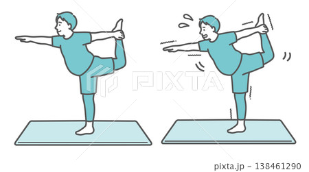 笑顔でヨガ(ダンサーのポーズ)をするぽっちゃり男性と苦戦するぽっちゃり男性の比較セットイラスト 笑顔でヨガ(ダンサーのポーズ)をするぽっちゃり男性と苦戦するぽっちゃり男性の比較セットイラスト 138461290