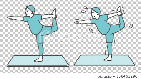 一組插圖對比了一位胖男人面帶微笑地做瑜珈（舞者姿勢）和一位胖男人努力做這些姿勢。 138461290