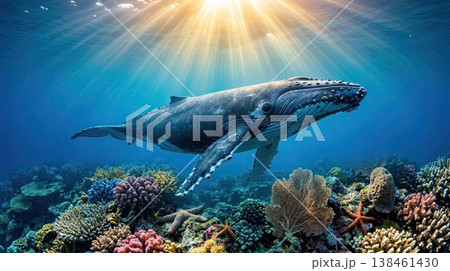 Humpback whale swimming over colorful coral reef, majestic underwater scene with sunbeams light through blue ocean water, marine life and biodiversity illustration. 138461430