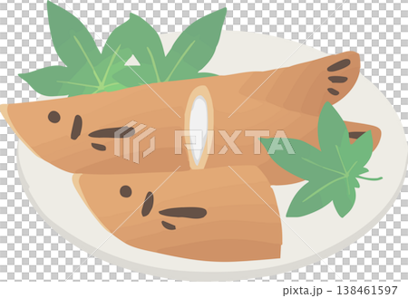 若鮎（鮎菓子）と青紅葉の和菓子イラスト｜初夏の上品な和風スイーツ素材 138461597