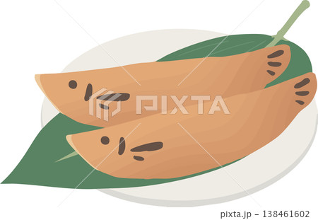 若鮎（鮎菓子）を皿と笹に乗せた和菓子イラスト｜初夏の和風スイーツ素材 138461602