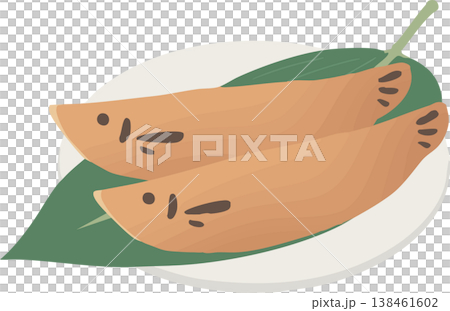 若鮎（鮎菓子）を皿と笹に乗せた和菓子イラスト｜初夏の和風スイーツ素材 138461602