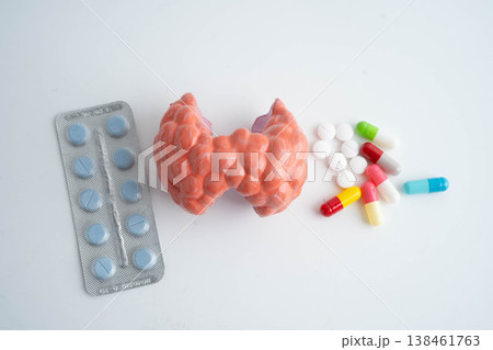 Thyroid model with pill drug treatment, Hyperthyroidism, Overactive or Lymphoma. 138461763