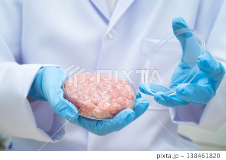 Scientist holding Petri dish with meat in science laboratory for food product development. Scientist holding Petri dish with meat in science laboratory for food product development. 138461820