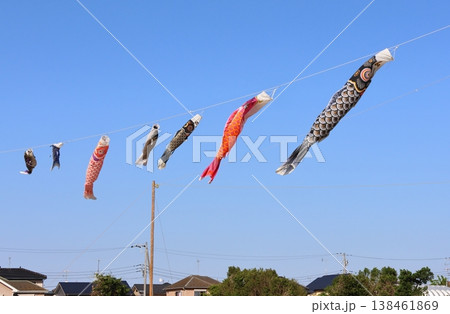 青空を泳ぐ鯉のぼり　こいのぼり　鯉幟　端午の節句　真鯉、緋鯉、子鯉 138461869
