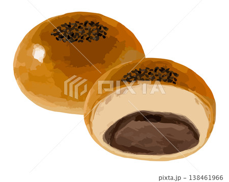 丸ごと1個と断面が見えるよう半分に割ったあんぱん 138461966