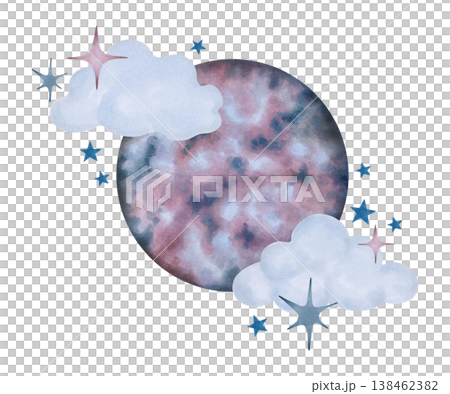 Composition of the moon with clouds, stars. The magic of the night sky. Watercolor illustration with a celestial theme for delicate night landscapes, baby shower cards, children posters. Hand drawn. Composition of the moon with clouds, stars. The magic of the night sky. Watercolor illustration with a celestial theme for delicate night landscapes, baby shower cards, children posters. Hand drawn. 138462382