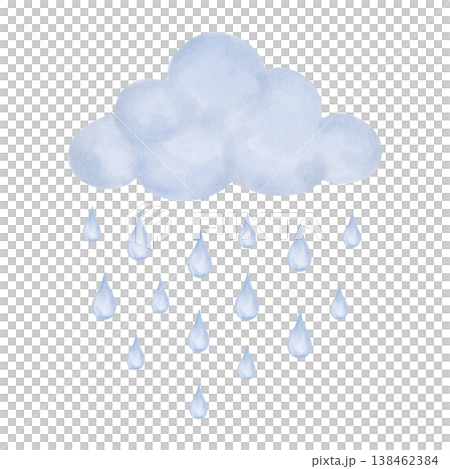Cloud with falling raindrops. Blue composition with elements of sky and weather. Hand drawn watercolor illustration, isolated. A children's cartoon sketch for a bedroom or postcard. 138462384