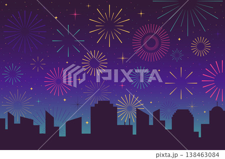 skyline at night with fireworks 138463084