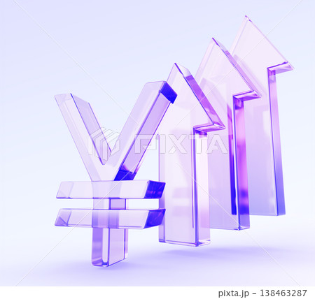 Hologram glass 3D Chinese yuan or Japanese yen sign with growing arrows up. Purple transparent Asian currency symbol. Financial growth icon, increase profit, rising prices, investment. 3D illustration 138463287