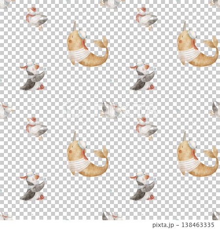 Pattern marine animal, narwhal whale, birds seagulls, puffin in sailor suit. Hand-drawn watercolor illustration in children's style. Print isolated from background for baby clothing design, wallpaper 138463335