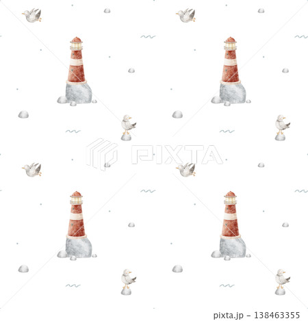 Watercolor pattern red lighthouse on rock, flying birds seagulls, waves. Hand-drawn illustration in childish maritime style. Print on isolated from background for textiles, baby clothing, wallpaper 138463355