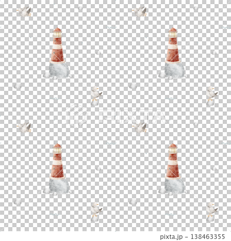 Watercolor pattern red lighthouse on rock, flying birds seagulls, waves. Hand-drawn illustration in childish maritime style. Print on isolated from background for textiles, baby clothing, wallpaper 138463355