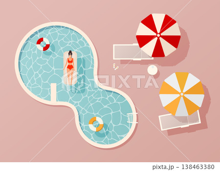 Woman in swim suit lying on floating swimming pool mattress. Summer pool party invitation design. Flyer or banner template. Flat design elements, minimalist style. Vector illustration. 138463380