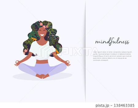 Girl with flower hair in gyan mudra yoga lotus pose exercise. Meditation health benefits for body, mind and emotions. Girl with flower hair in gyan mudra yoga lotus pose exercise. Meditation health benefits for body, mind and emotions. 138463385