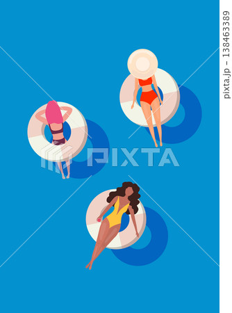 Women in swim suits lying on floating swimming pool mattresses. Summer pool party invitation design. Flyer or banner template. Flat design elements, minimalist style. Vector illustration. 138463389