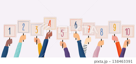 Hands holding cards with amount of scores got in competition, tournament or contest. Flat design elements, minimalist style. Vector illustration. 138463391