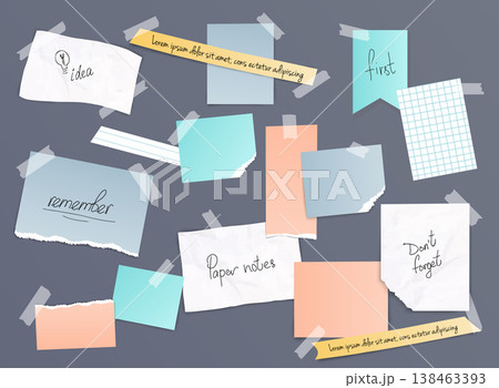 Collection of various note papers, banner set. Different scraps of paper stuck by sticky tape. Vector illustration. 138463393