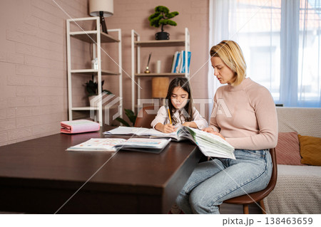 Mother helping daughter with homework, homeschooling inside a room Mother helping daughter with homework, homeschooling inside a room 138463659