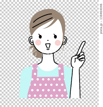 A woman wearing an apron; a woman holding up her index finger. A woman wearing an apron; a woman holding up her index finger. 138464046