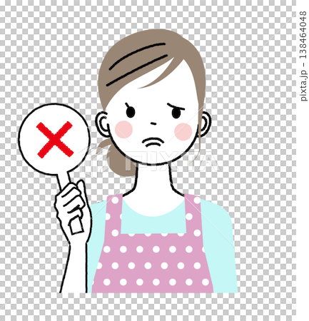 A woman wearing an apron; a woman holding up a sign with an "X" on it. A woman wearing an apron; a woman holding up a sign with an "X" on it. 138464048