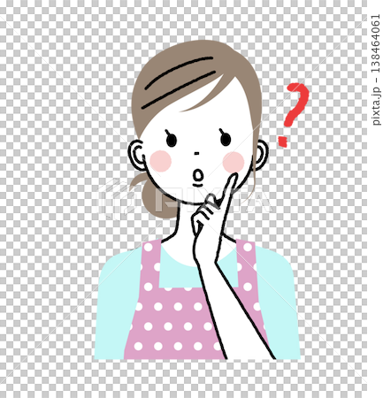 エプロンをした女性　人差し指を頬にあてて不思議そうな顔をしている女性 138464061