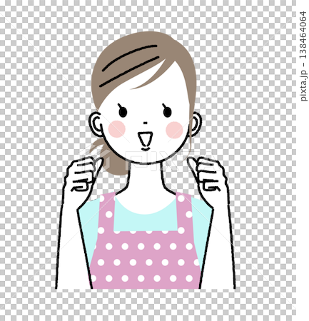 A woman wearing an apron; another woman raising both hands in a victory pose to show encouragement. 138464064