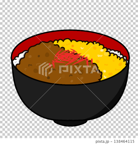 Illustration of a minced meat rice bowl (meat, egg, pickled ginger / Japanese food / rice bowl / icon material) Illustration of a minced meat rice bowl (meat, egg, pickled ginger / Japanese food / rice bowl / icon material) 138464115