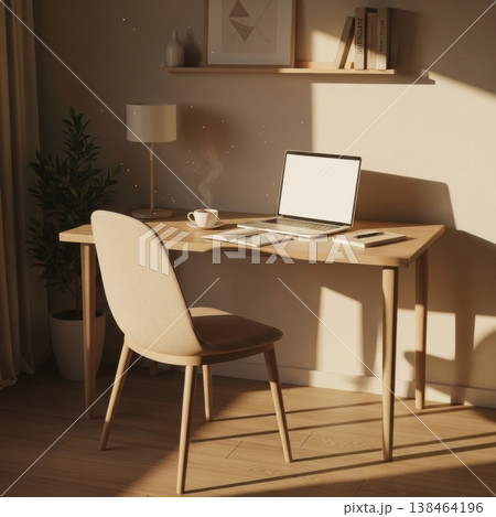 Minimal Workspace Interior With Warm Lighting And Modern Wooden Furniture Minimal Workspace Interior With Warm Lighting And Modern Wooden Furniture 138464196
