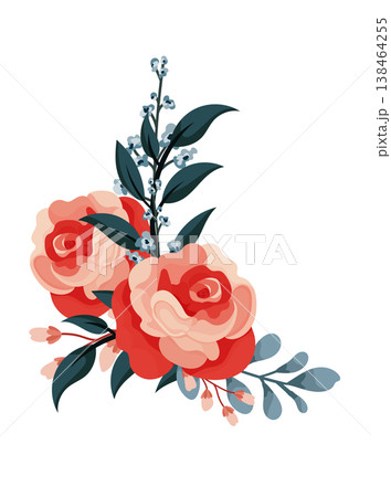 Elegant floral bouquet with red roses and green leaves, romantic botanical composition, decorative flat vector illustration isolated on white background 138464255