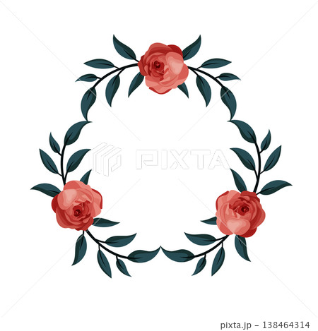Floral frame with red roses and green leaves, flat vector botanical illustration, romantic decorative border isolated on white background Floral frame with red roses and green leaves, flat vector botanical illustration, romantic decorative border isolated on white background 138464314