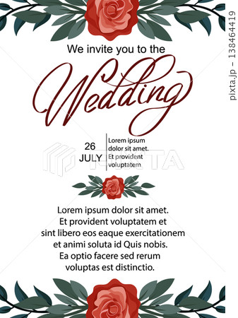 Elegant wedding invitation template with red roses and floral border, romantic typography design, decorative card layout flat vector isolated on white background Elegant wedding invitation template with red roses and floral border, romantic typography design, decorative card layout flat vector isolated on white background 138464419