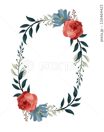 Floral frame with red roses and green leaves, flat vector botanical illustration, romantic decorative border isolated on white background 138464425