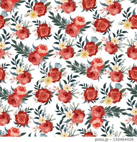 Seamless pattern floral with red roses, daisies and greenery, elegant botanical background, flat vector romantic vintage style for fabric, wallpaper and textile design Seamless pattern floral with red roses, daisies and greenery, elegant botanical background, flat vector romantic vintage style for fabric, wallpaper and textile design 138464426