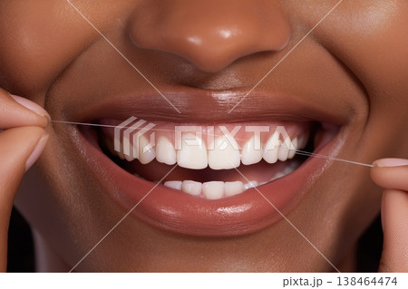 Radiant smile achieved through diligent flossing, showcasing healthy white teeth and vibrant gums 138464474